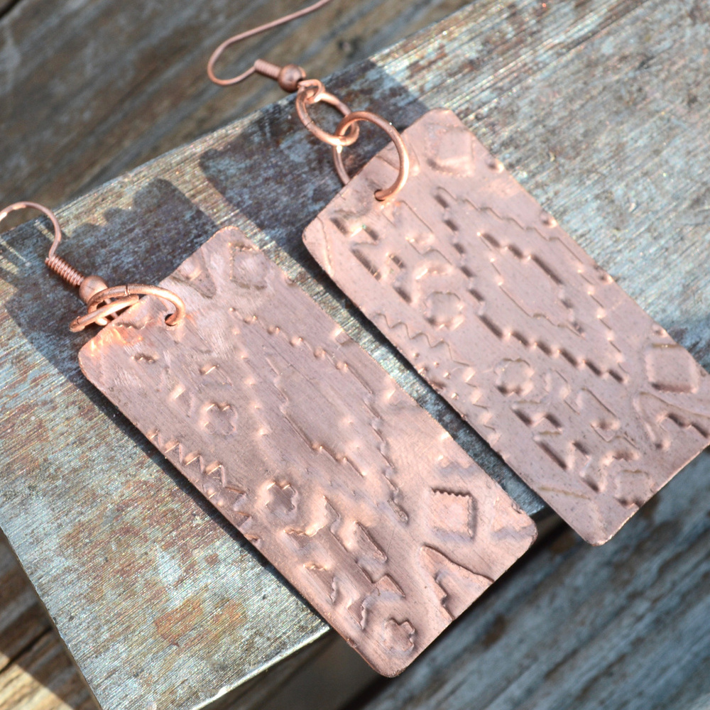 Solid Copper Earrings Boho Tribal Handmade Embossed Southwestern Western Aztec - Picture 3 of 6